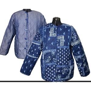 NWT Frnch LG Miren Reverse Quilted‎ Blue Floral Coat Padded Pocket Chore Jacket